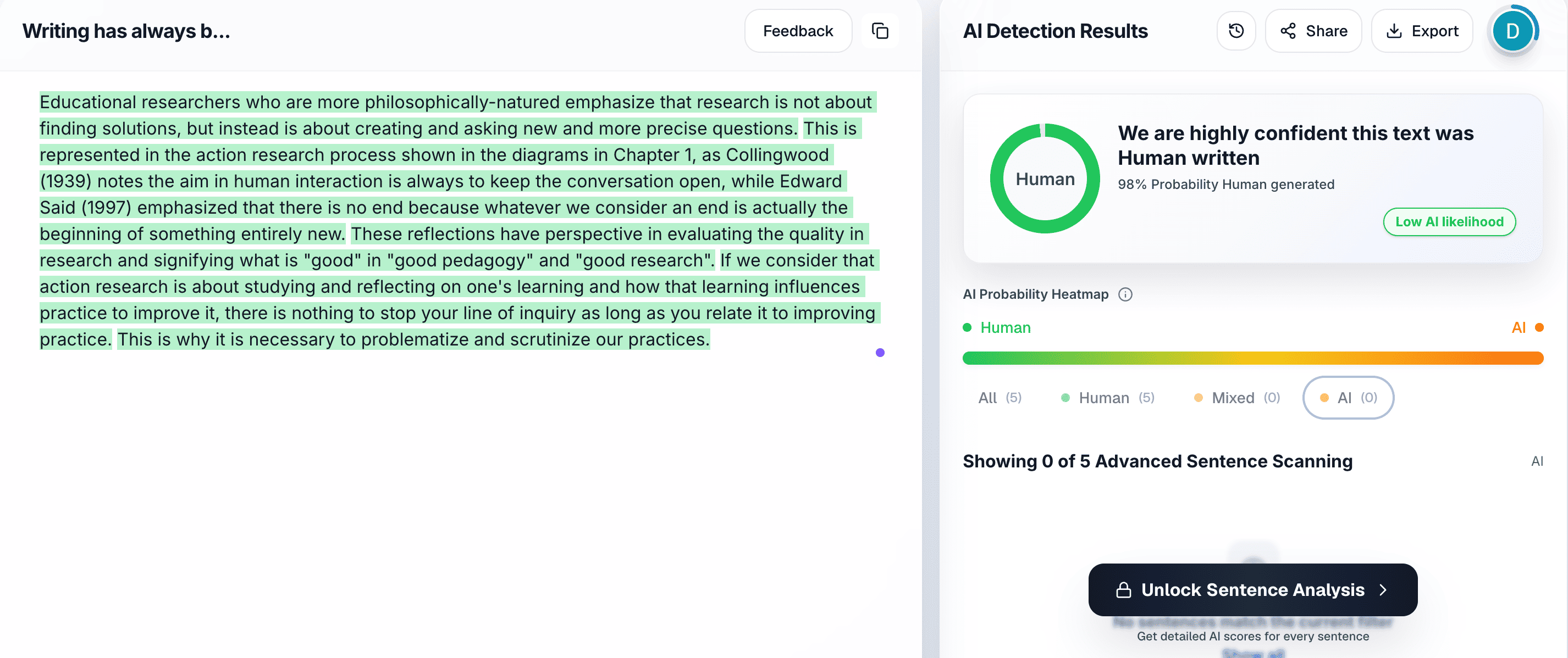 Proofademic result for Ryter Pro humanized AI text test