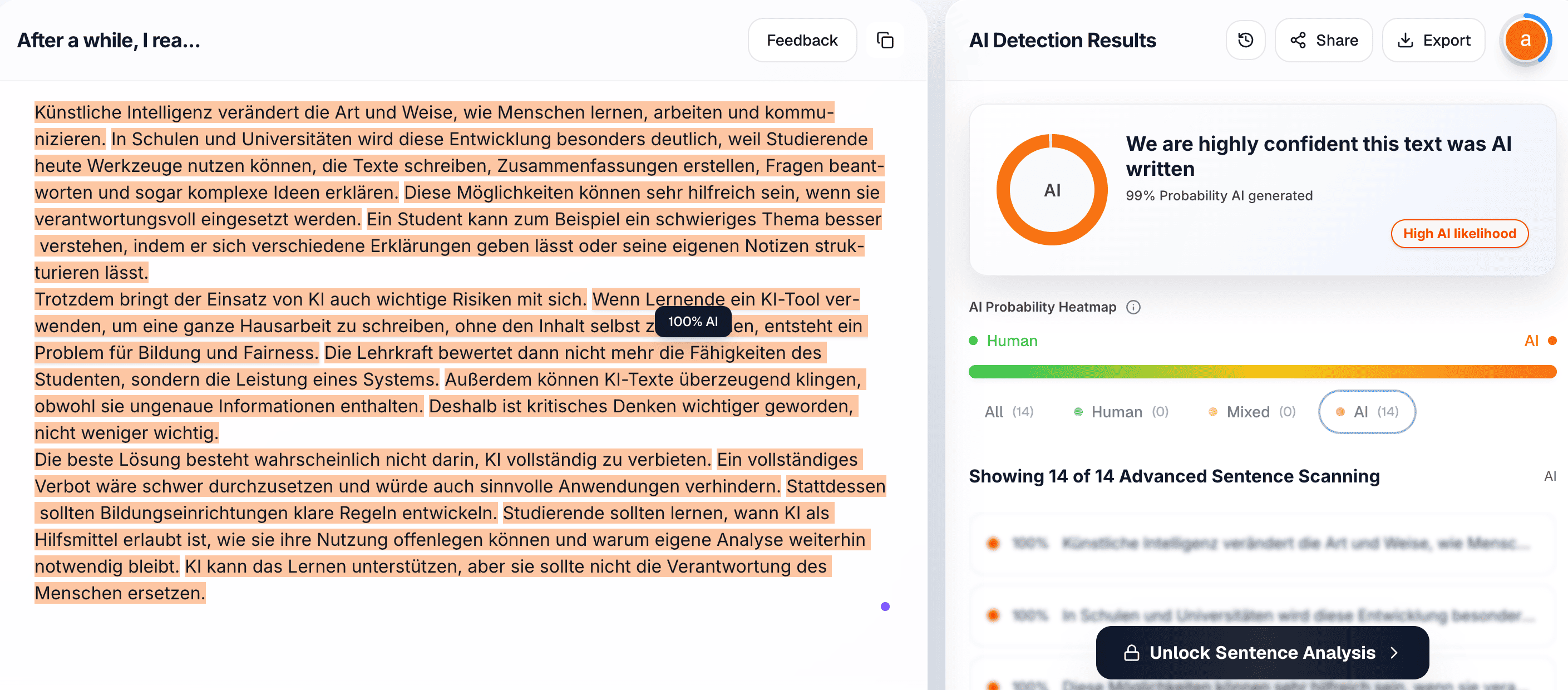 Proofademic multilingual detection result for German AI essay