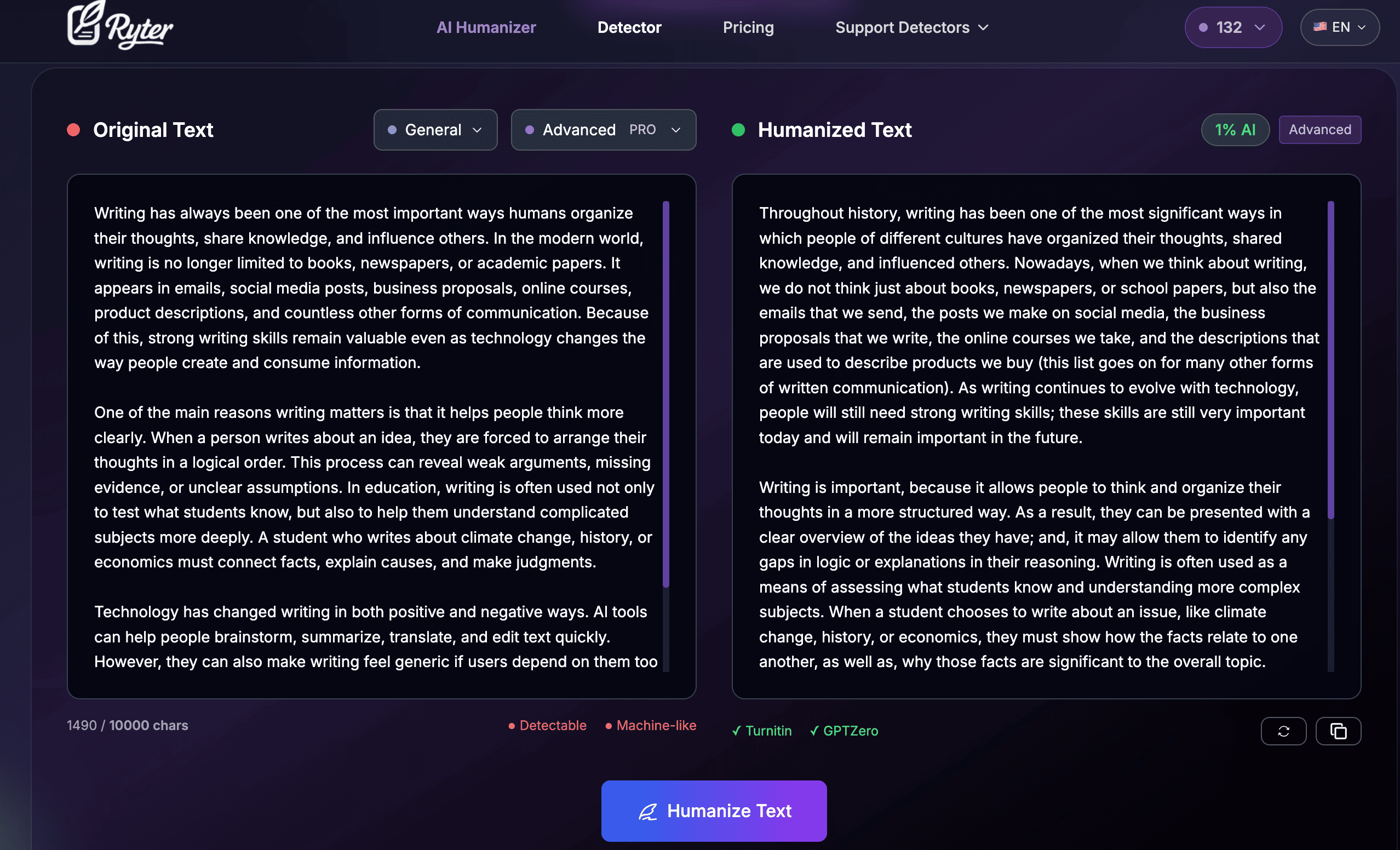 Ryter Pro humanized AI text screenshot used in Proofademic detector test