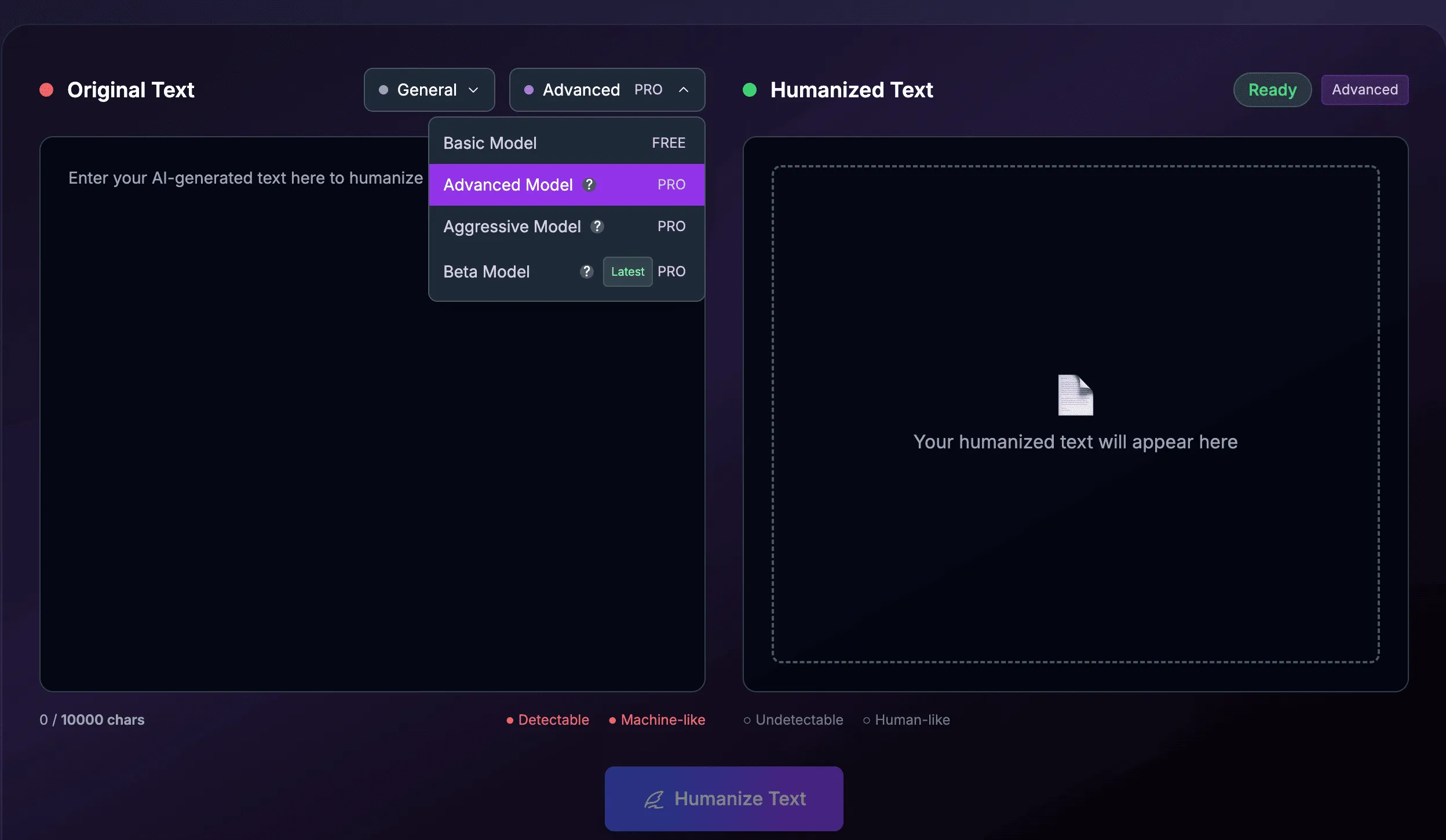 Ryter Pro AI humanizer rewriting an AI-assisted draft into more natural text
