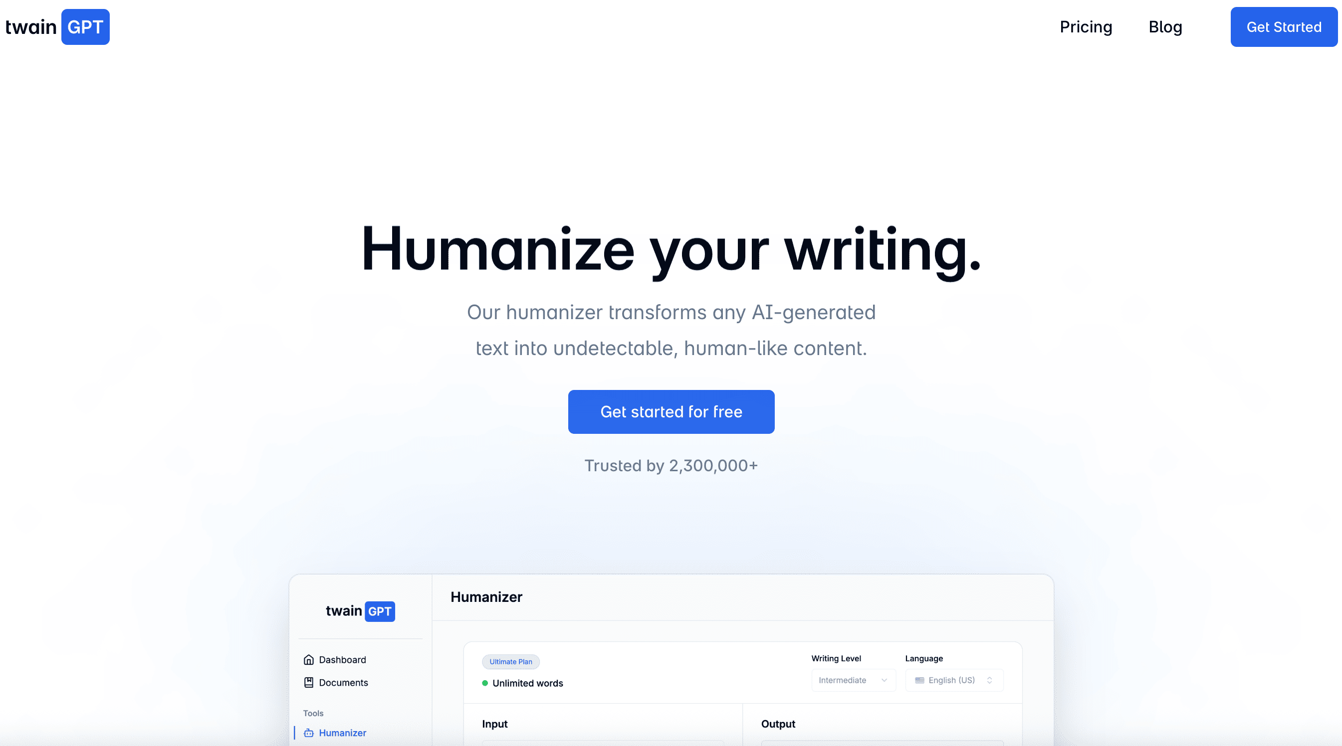 Twain GPT interface showing AI rewriting capabilities